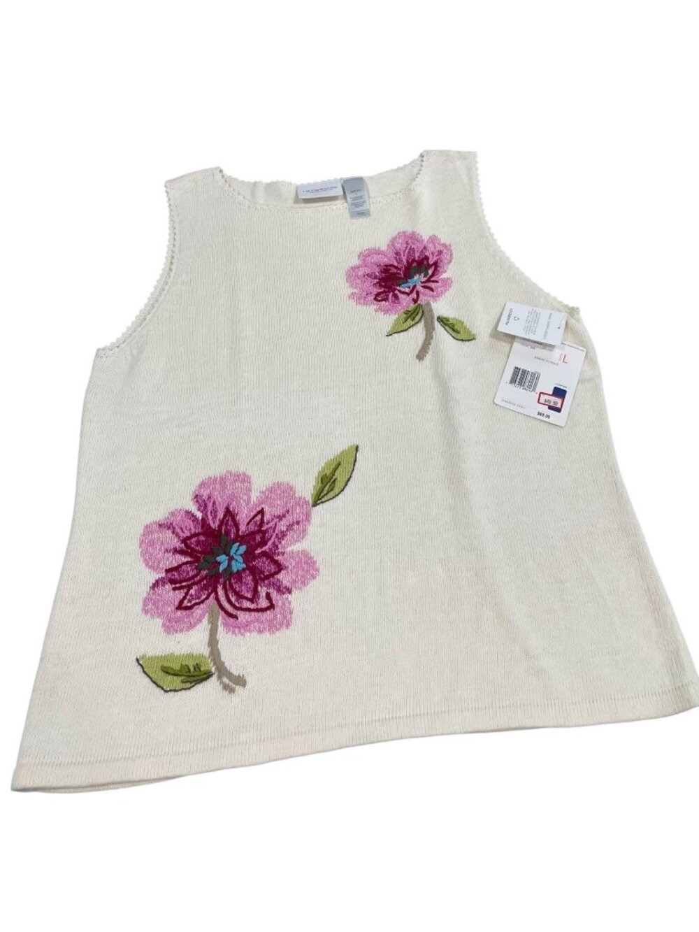 Vintage Liz Claiborne Linen Floral Sweater Top PL Cream Romantic Festival Y2K